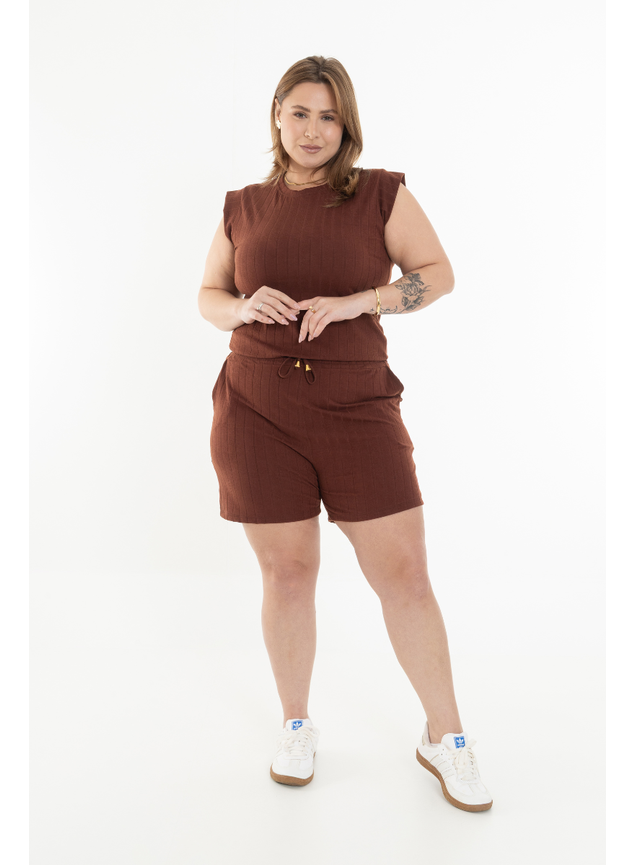 Conjunto Feminino Blusa e Short Ribana Canelada Plus Size